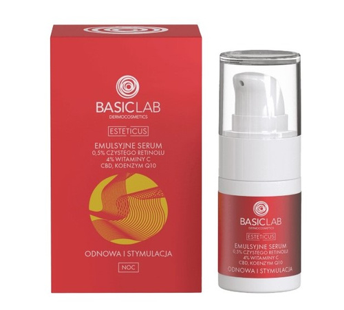 BasicLab- Emulsyjne serum z 0,5% czystego retinolu, 4% witaminy C, CBD i koenzymem Q10 Odnowa i Stymulacja 15ml