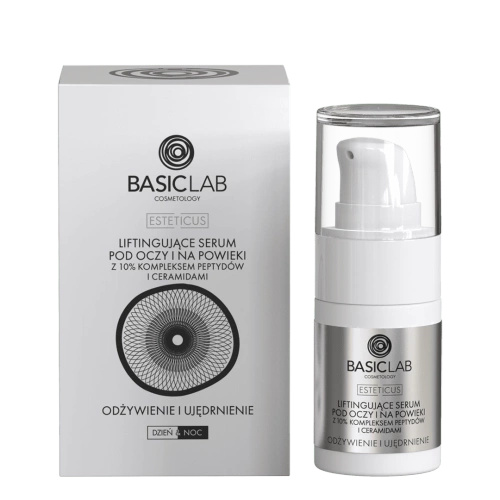BasicLab- Liftingujące Serum pod Oczy i na Powieki z 10% Kompleksem Peptydów i Ceramidami, Odżywienie i Ujędrnienie 15ml